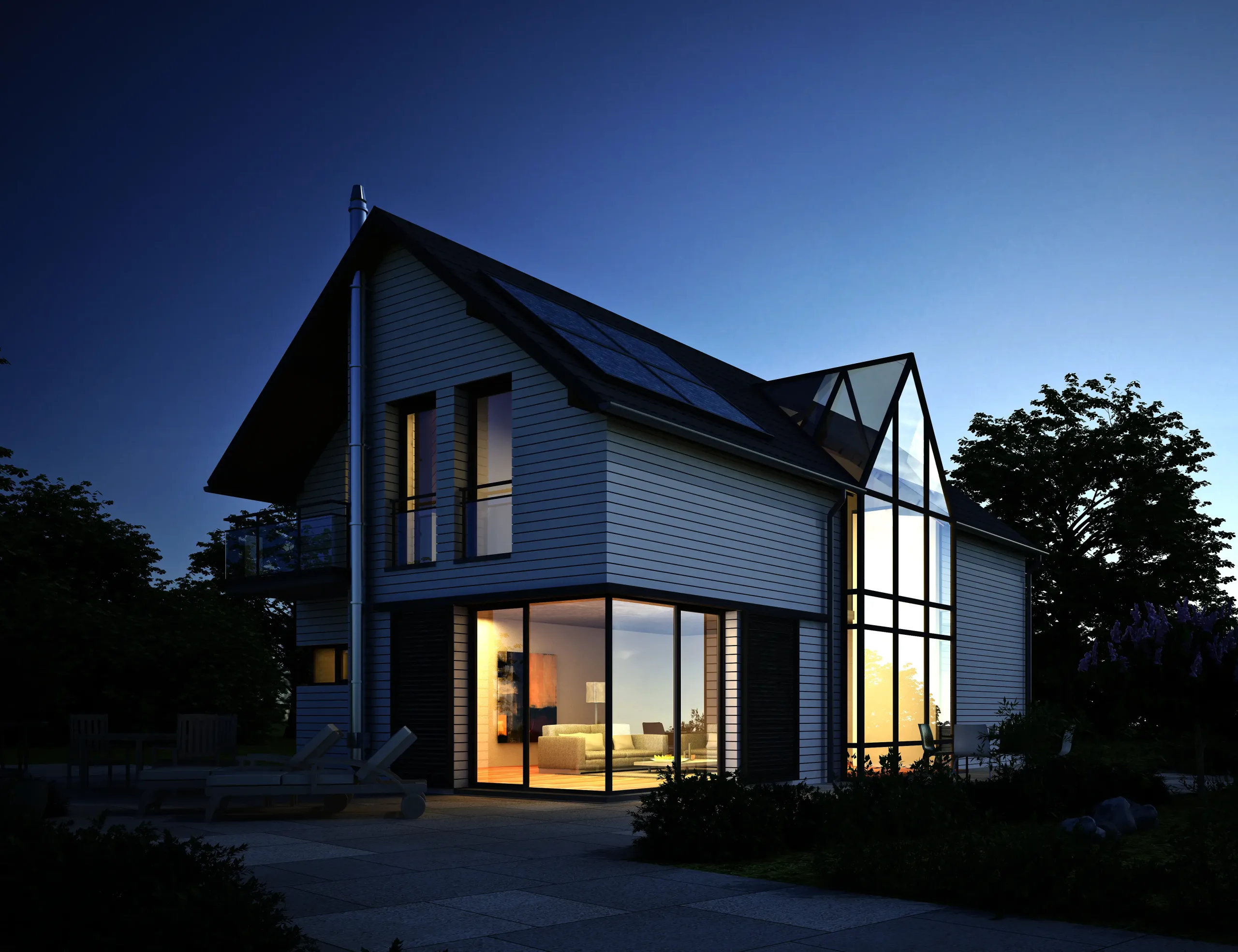 Casa con batería tesla Powerwall y una instalación de paneles solares.