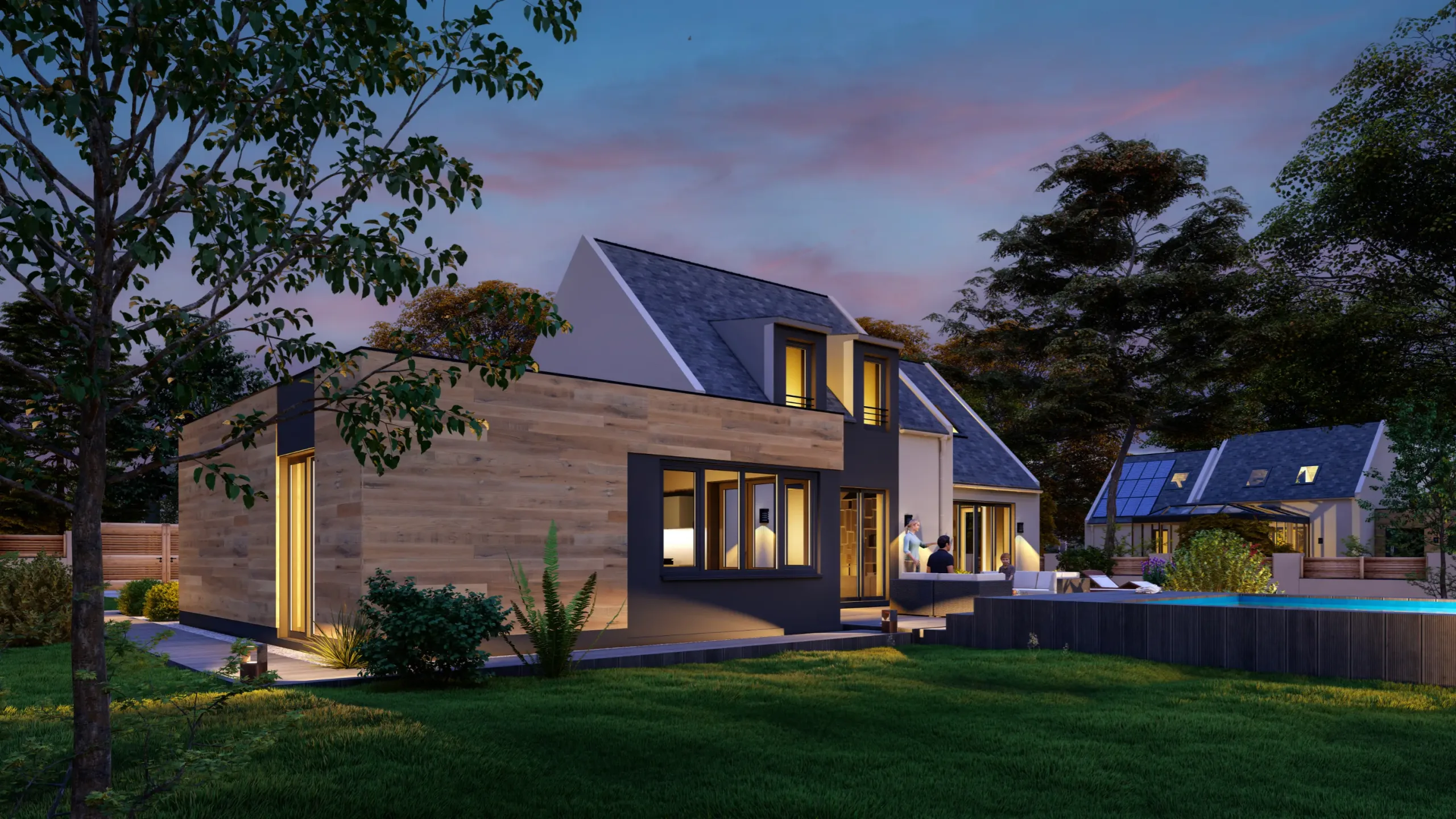 Una casa con un equipo tesla powerwall y paneles solares